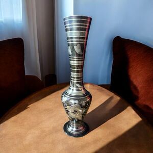 Vintage BRASS Floral ETCHED Bud VASE Gold Tone 7" Tall Striped Top Rim & Base